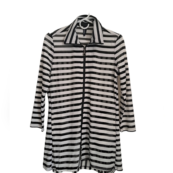 BEREK black white stripe bathing suit coverup zip front shirt coastal fishnet SM - Picture 1 of 7